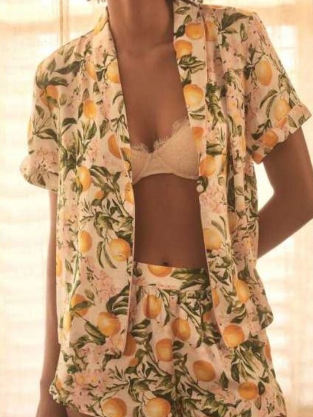 Anthropologie lemon print silky patterned pajama top size XS